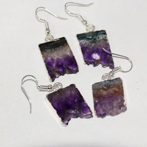 Kolczyki Dangle Natural Geode Druzy Purple Crystal Stone 2022 Dla kobiet prostokątnych biżuterii Kwarc Piękny kropla kolczyka femme