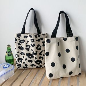 Canvas Shopper Umhängetasche, große Damenhandtaschen, Einkaufstasche, lässig, Mädchen, Punkte, Leopardenmuster, Einkaufstaschen