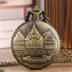 Old Fashion Pocket Watch Frankfurt Castle Alloy Case Men Women Quartz Analog Watches Necklace Pendant Chain Collectable Timepiece