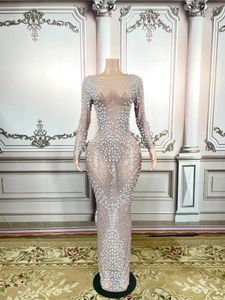 Abiti casual Sexy strass perle maniche lunghe abito in rete trasparente ballerino performance compleanno abbigliamento taglie forti