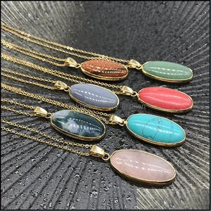 Pendant Necklaces Reiki Healing Jewelry Oval Natural Stone Necklace Quartz Lapis Opal Pink Crystal Pyramid Pendant Amethyst Mjfashion Dhskj