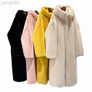 FULO FULO Zadorin Inverno Novo Luxo X-Long Faux Mank Mulheres Ry Capuz Quente Logo Pink Pur Coat Jackets feminino L220829