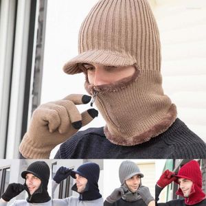 Berretti 1 Set Guanti da uomo lavorati a maglia Guanti resistenti all'usura Comodi con chiusura a cerniera Berretti Cappelli Fodera in pile antivento