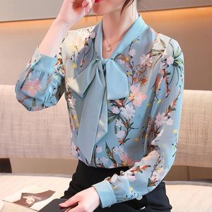 Женские блузки Брендовая женская одежда 2022 Рубашка с цветочным принтом и длинным рукавом с бантом Модный шифон с принтом