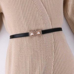 Belts Adjust Belt Thin Soft Cow Genuine Leather Luxury Strap Women For Dress Fashion Classic Gold Pearl Buckle Drop