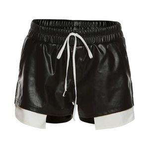 Retail zomer dames pu lederen shorts ondergoed nieuwe mode contrast kleur veter hoge taille tas heup strakke casual korte broek