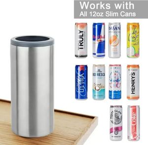 12 onças finas Tumblers lata mais refrigerado aço inoxidável cerveja prateada guardião fria de parede dupla de parede dupla vácuo cola bebida bebida cerveja lata por atacado