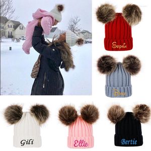 Berets 2pcs Embroidered And Personalised Knitted Baby Hat With Double Pom Beanie Unisex Kids Cap Warm