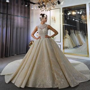 Modest Sparkles High Neck Ball Gown Wedding Dresses Sweep Train Elegant Sleeveless Beaded Cyrstals Corset Back Bridal Gowns Vestidos