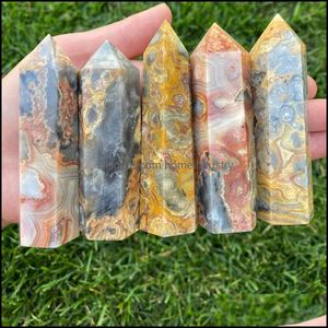 Sanat ve El Sanatları 6-7cm Doğal Cilalı Çılgın Dantel Agate Kuvars Kristal Noktası Değnek Hediyesi Tek Sonlandırılmış Kule Chakra Şifa Gemston Dhwxy