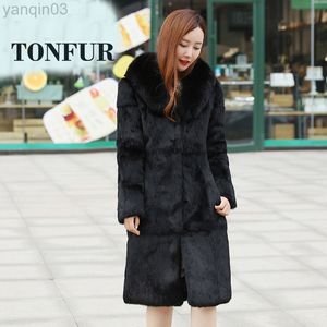 Women's fur 2022 Top New Whole Skin Real Rabbit Long Coat For Women Natural Fur Collar Winter Vintage Warm Keeping Overcoat WSR128 L220829