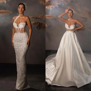 Einzigartige Meerjungfrau-Hochzeitskleider, herzförmiges, freiliegendes Boning-Brautkleid, maßgeschneiderte Kristallperlen mit Überrock, Damen-Hochzeitskleider