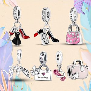 925 perline in argento fit Charms Pandora Bracciale con ciondoli Tacchi alti Rossetto Donna charmes ciondoli Gioielli con perline fini fai da te