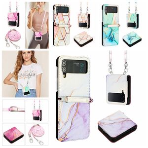 الحالات القابلة للطي من الجلد الرخامي لأزياء Samsung Galaxy Z Flip 4 3 Flip4 Flip3 Plating Rock Stone Granite Granite Quartz Wallet Pouch مع حزام الكتف