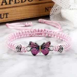 Länkarmband justerbar svart vit sträng rep flätat armband för kvinnor rosa fjäril hänge charm handgjorda smycken flicka gåvor