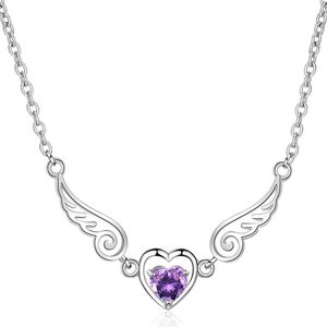 Angel Wing Necklace Purple Zircon Pendant Love Heart Shape Girls Short CollarBone Chain Valentine s Day Birthday Present Party Jewelry