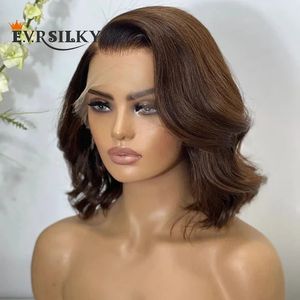 Glueless 360 Laces Frontal Wigs Peruvian Chocolate Brown Wavy Short Bob 13x6 Deep Part Lace Front Human Hair Wigs with Baby Hairs