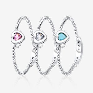 Love Heart 925 Sterling Silver Chain Rings Women Girls Wedding Jewelry For pandora Colorful CZ diamond Ring Set with Original Box