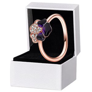 NEW Deep Purple Pansy Flower Ring Rose Gold plated Women Girls Wedding designer Jewelry For pandora 925 Silver CZ diamond Love Ring with Original Box