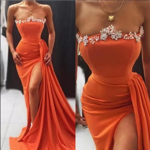 Coral Sexy Mermaid Prom Dresses Ruffles strapless Beaded neck Split Side High Sweep Train Evening Gowns Robe De Soiree Formal Party Dress