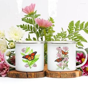 Muggar Flower Farterfly Print Emalj Creative Drink Coffee Mug Outdoor Picnic Travel Water Cup Camping Campfire Cups Handtag