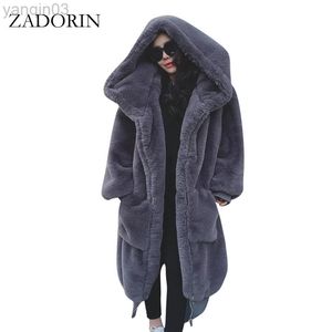 Women's fur Zadorin High Qaulity Faux Rabbit With Hood Women Fashion Long Sleeves Thick Warm Winter Fur Coat Manteau fourrure L220829