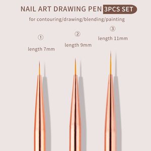 3 Pz/set Pennelli per unghie Gel UV Liner Pennelli per pittura Disegno Fiore Striping Design Attrezzature per manicure 7/9/11mm oro rosa Nab063