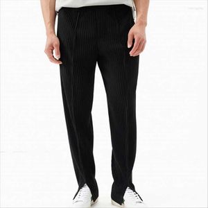 Calças masculinas de alta qualidade preto cinza miyake calças casuais plissadas com fendas moda masculina streetwear