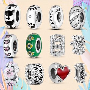 Conta de prata 925 Encantos de ajuste Pandora Charm Bracelet Cat Paw Spacer Stopper Charm Heart Pink Flower Round charms ciondoli DIY Fine Beads Jewelry