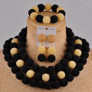Smyckesupps￤ttningar Black Champagne Gold Costume Necklace Frican Set Simulated Pearl Nigerian Beads Fzz101