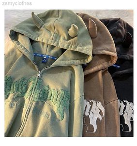 Bluza z kapturem na zamek śliczny róg wyszywane litery kardigan z kapturem sweter uliczny męski i damski retro kurtka typu oversize Y2K jesień