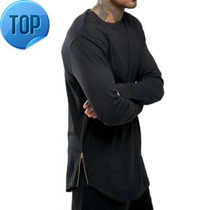 Mode Herren T Shirts Trends Männer T Shirts Super Longline Long Sleeve T Shirt Hip Hop Bogen mit Kurve Saum Seite Zip Tops Tee