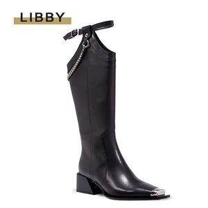 Boots Women Winter Designer Shoes Motorcycle Chain Knee High Boots Pointed Toe Cowboy Metal Chunky Boots Fashion Buckle Long Boot 220829