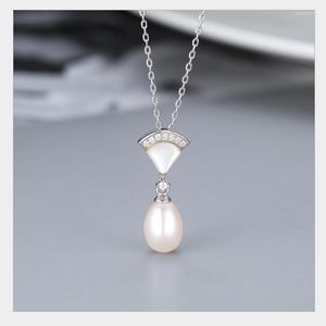 Pendanthalsband Fashion Crystal Sweet 925 Sterling Silver Fan-Shaped Shell Natural Freshwater Pearl Necklace For Women Girls Cute Birthday