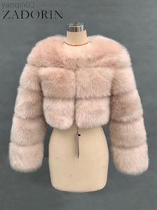 Women's Fur Zadorin Nieuwe Mode Vrouwen Crop Top Faux Vos Bontjas Winter Dikke Pluizige Lange Mouw Korte Stijl Slim Harige Bont jas Jassen L220829