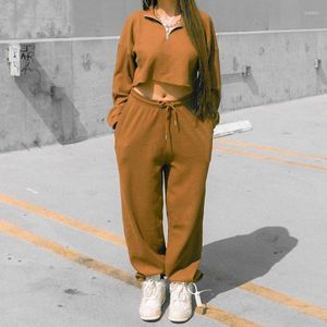 Running Set Street Style 2 Piece Set Women Tracksuit Sport kostym Casual Outfit Solid Long Sleeve Pullover Crop Top Sweatshirt Jogger Pants