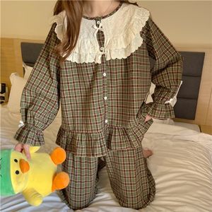 Kadın Uyku Salonu Koreli Vintage Ekose Pijamalar Set Kadın Moda Fırıltı Sökme Kırmık Mori Kızlar Dış Giyim Ev Takım Medieval Flare Sleeve S1025 220827