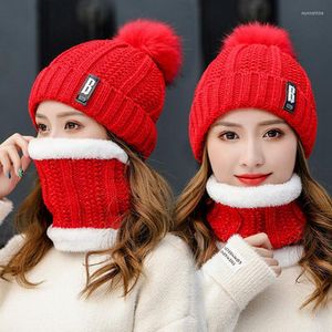 Berets 2022 Fashion Women Knitted Scarf Hat Winter Wool Pink White Dark Blue Grey Red Black Thick Neck Scarves Beanies