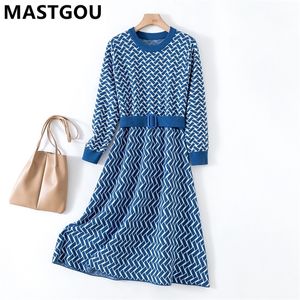 Casual Dresses MASTGOU Geomatric Knit Long Women A Line Sweater With Belt Autumn Winter Elegant Party Midi Christmas 220829