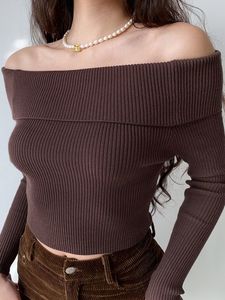 Women's Sweaters Vintage Long Sleeve Knit Sweater for Women Sexy Slim Fit Large Lapel Shoulder Knit Sweater White Top Elegant Shirt Street Tops 220827