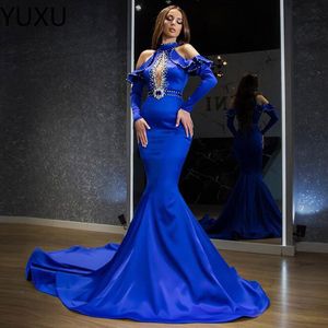 2022 인어 이브닝 드레스 반짝이는 스팽글 가운 구슬 겸손한 블루 파티 파티 드레스