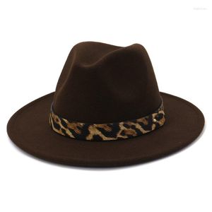 Basker mode trend kvinnor damer ull filt fedora hatt leopard tryck bred grim panama casual formell parti vinter fedoras