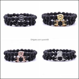 Beaded Strands 2 Pcs/Set Animal King Lion Head Lava Stone Bracelet Black Natural Crown Couple Braclet Sets For Men Hand Dhseller2010 Dhwyb