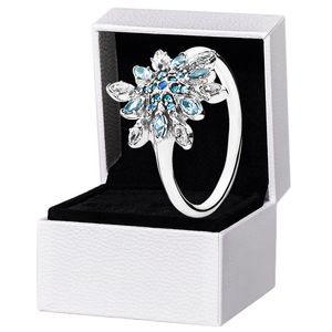 CZ Diamond Blue Snowflake Rings 925 Sterling Silver Women Wedding Jewelry for Pandora Girl Gift Ring med originalboxuppsättning