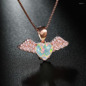 Pendant Necklaces Natural Fire Opal Stone Cute Angel Wing Necklace For Women Rose Gold Plated S925 Sterling Silver Girls' Clavicle Chain
