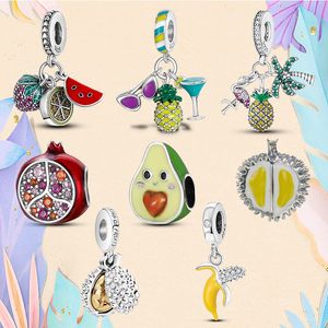 925 Серебряные шарики подгонка очарования Pandora Bracelet Bracelet Avocado Cherry Fruit Charm Strawberry Durian Lemon Charmes Ciondoli DIY мелкие бусинки украшения