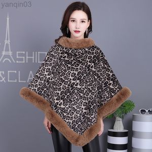 FURE WOMENS 2022 LUIPAARD Print Faux Rex Konijn Gebreide Poncho Vrouwen Winter Warmte Gevoerde Fleece Sjaal L220829