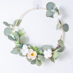 Decorative Flowers Round Bamboo Circle Cotton Simulation Eucalyptus Green Leaf Wreath Pendant Home Children's Room Wall Hanging Garland