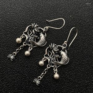 Dangle Earrings 925 Sterling Silver Lotus Fish Tassel Drop Women Vintage Matte Beads Long Hanging Gifts For The Year EH044