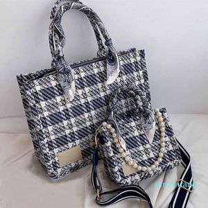 Umhängetaschen Luxus Designer Handtasche Farbe Plaid Einkaufstasche Frauen Mode Shopper Casual Dunkelblau Perlen Seidenschal Leinwand Umhängetasche